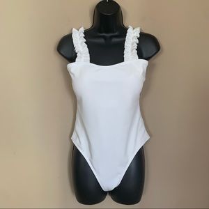 NWOT White Ruffle Strap Ribbed Frill Trim One Piece Swimsuit Bathing Suit